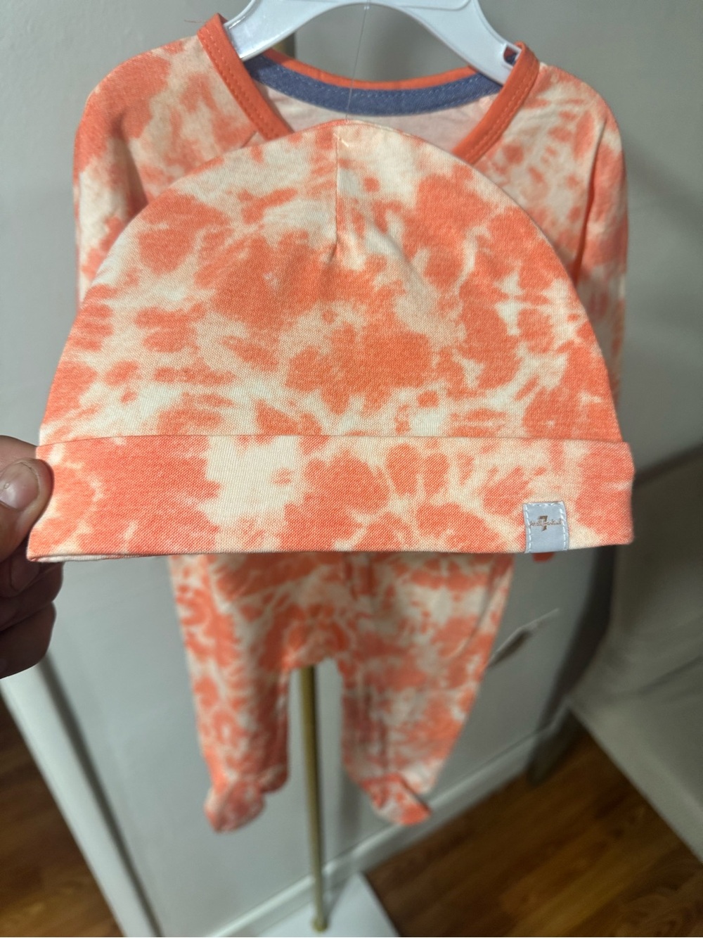 7 For All Mankind Orange and Cream Tie-Dye Baby One-Piece with Hat